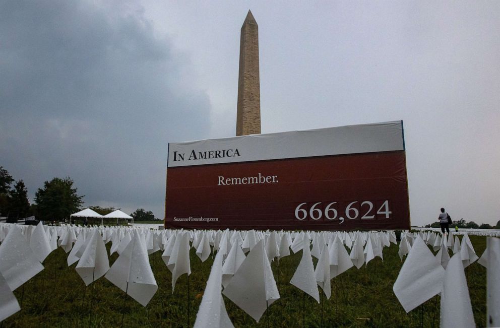 PHOTO: "In America: Remember" COVID-19 memorial art installation have 
660,000 white flags placed on the National Mall in Washington, D.C. on Sept. 16, 2021.