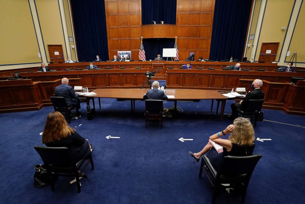 PHOTO: Dr. Anthony Fauci, Dr. Robert Redfield, and Admiral Brett Giroir testify during the House Select Subcommittee on the Coronavirus Crisis hearing in Washington, July 31, 2020.