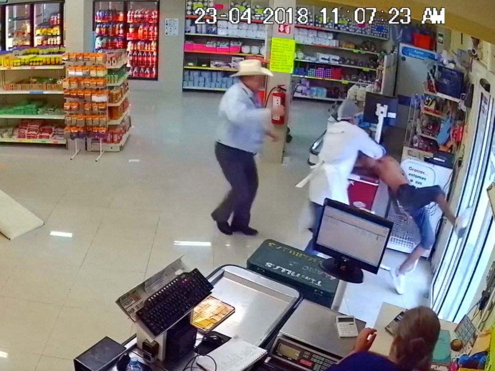 PHOTO: Man wearing cowboy hat tackles would-be armed robber at store in Mexico.