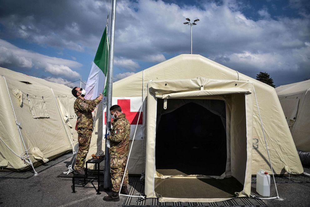 PHOTO: A field hospital is set up in front of the Crema hospital, where 52 medical doctors and nurses from Cuba will be working to help out during the coronavirus outbreak in Crema, Italy, March 25, 2020.