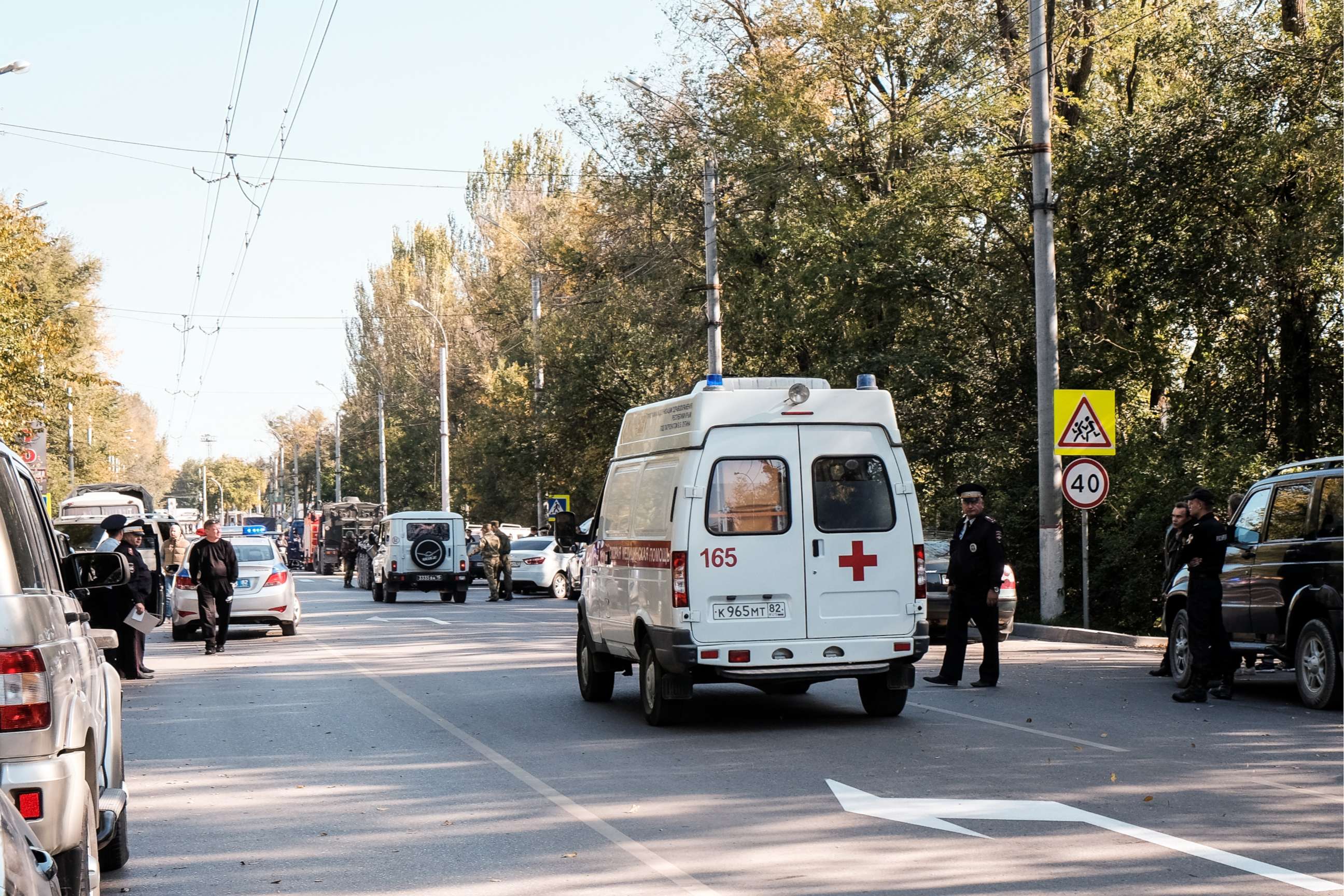 PHOTO: An ambulance near the building of the Kerch Polytechnic Vocational School where there was an explosion, Oct. 17, 2018, in the city of Kerch, Crimea, Russia.