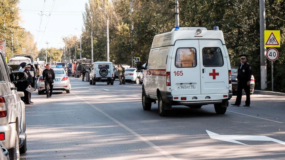 PHOTO: An ambulance near the building of the Kerch Polytechnic Vocational School where there was an explosion, Oct. 17, 2018, in the city of Kerch, Crimea, Russia.