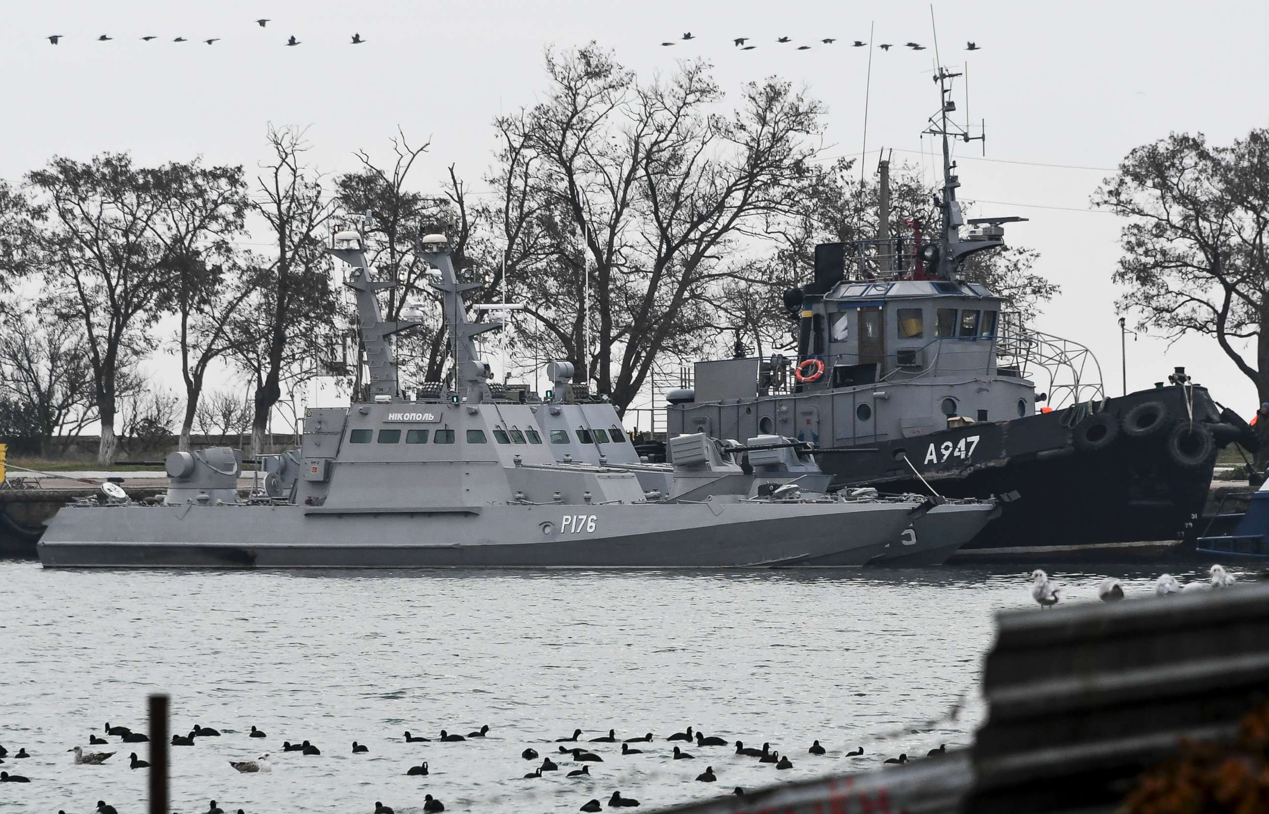PHOTO: Three Ukrainian ships are seen as they are docked after being seized on Nov. 25, 2018, in Kerch, Crimea, Nov. 26, 2018.