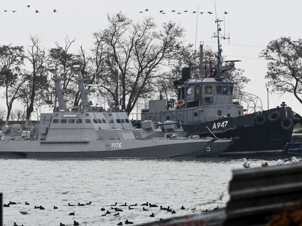 PHOTO: Three Ukrainian ships are seen as they are docked after being seized on Nov. 25, 2018, in Kerch, Crimea, Nov. 26, 2018.