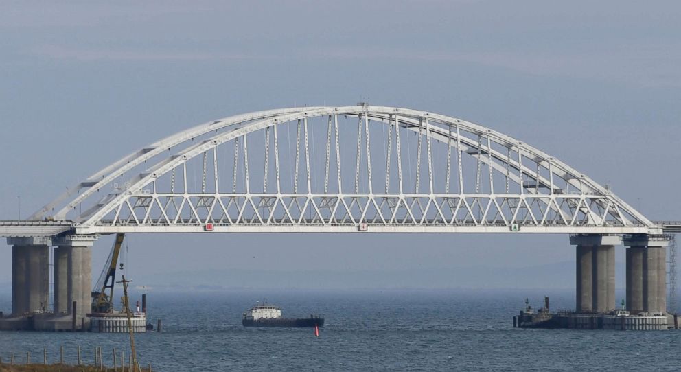 PHOTO: The Kerch Bridge span is open for the passage of ships, near Kerch, Crimea, Nov. 26, 2018.