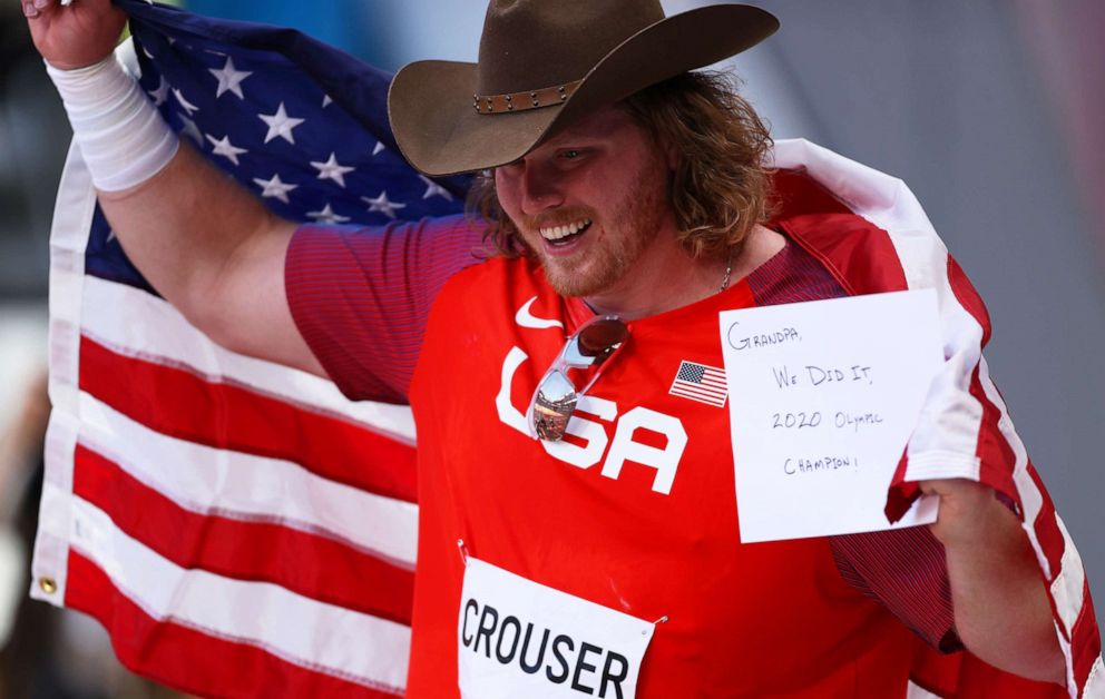 PHOTO: Gold medalist Ryan Crouser of Team United States celebrates after competing in in the Men's Shot Put Final on day thirteen of the Tokyo 2020 Olympic Games at Olympic Stadium on Aug. 5, 2021 in Tokyo, Japan.
