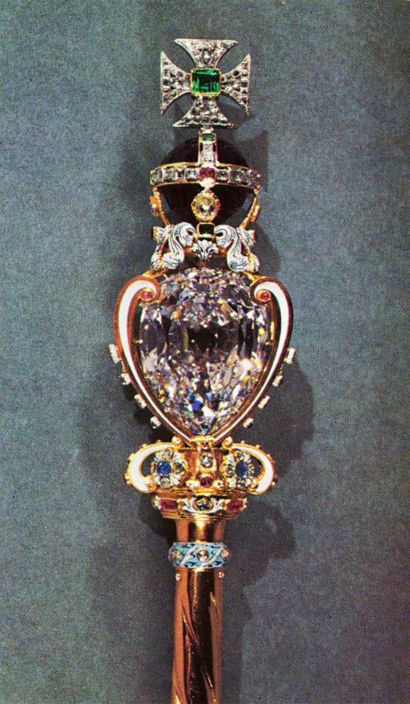 PHOTO: 'The head of the Sceptre with the Cross', part of Britain's Crown Jewels Royal Collection at the Tower of London, is pictured circa 1953.