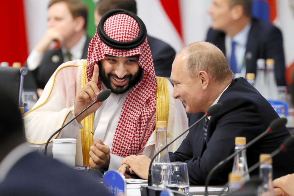 PHOTO: Crown Prince Mohammad bin Salman of Saudi Arabia and Russian President Vladimir Putin talk during the Argentina G20 Leaders' Summit 2018 at Costa Salguero, Nov. 30, 2018, in Buenos Aires.