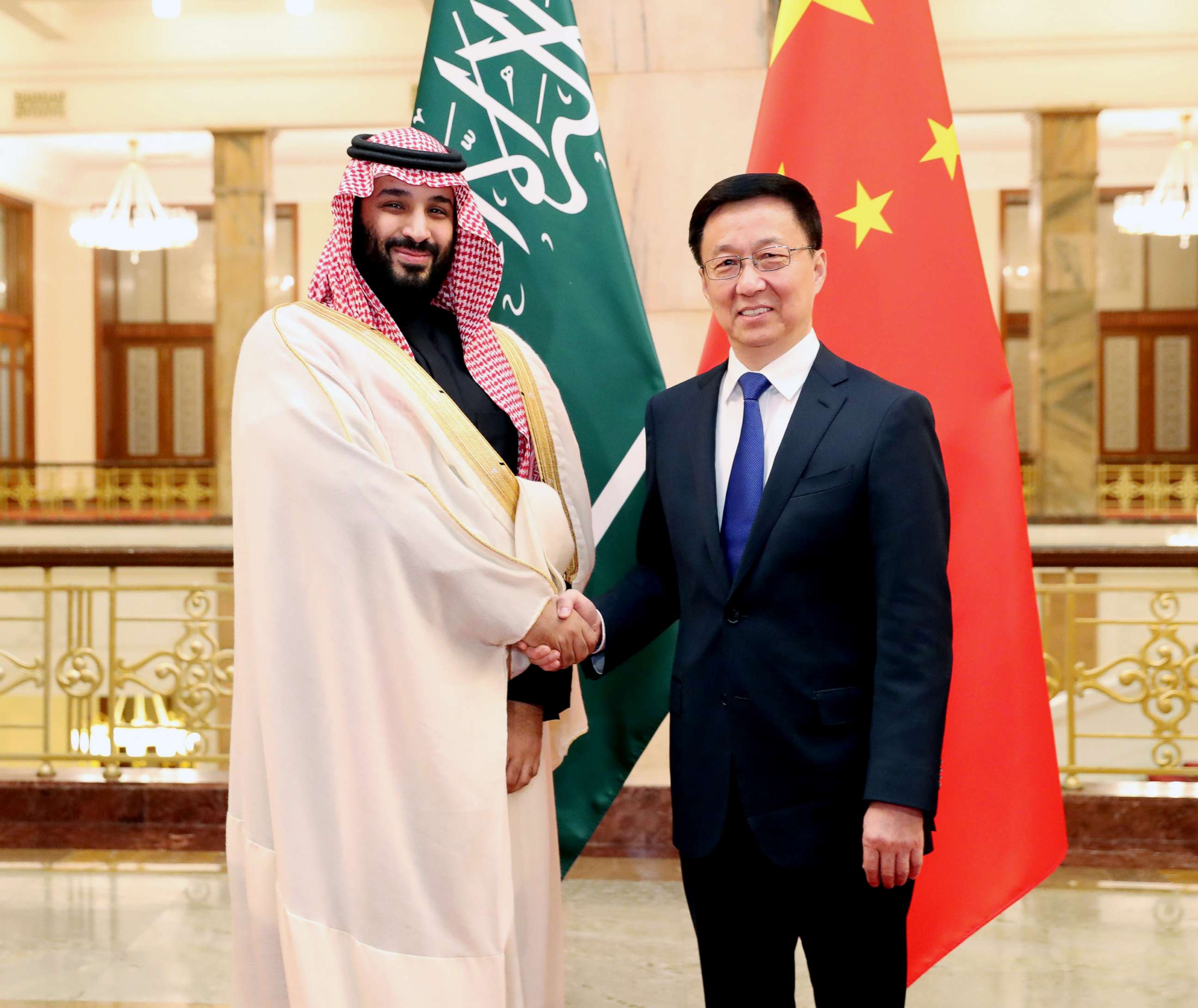 PHOTO: Chinese Vice Premier Han Zheng, right meets with Mohammed bin Salman Al Saud, Saudi Arabia's crown prince, deputy prime minister and minister of defense, in Beijing, Feb. 22, 2019.