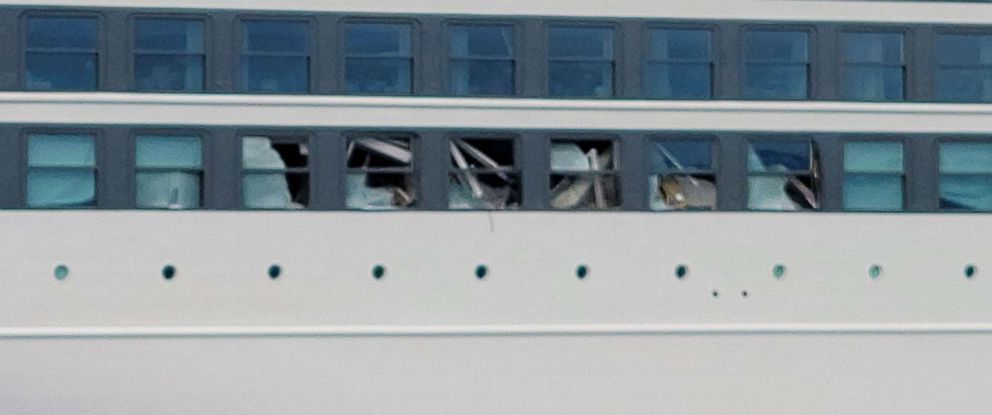 PHOTO: Damaged windows can be seen on the Viking Polaris after it was hit by a rogue wave.
