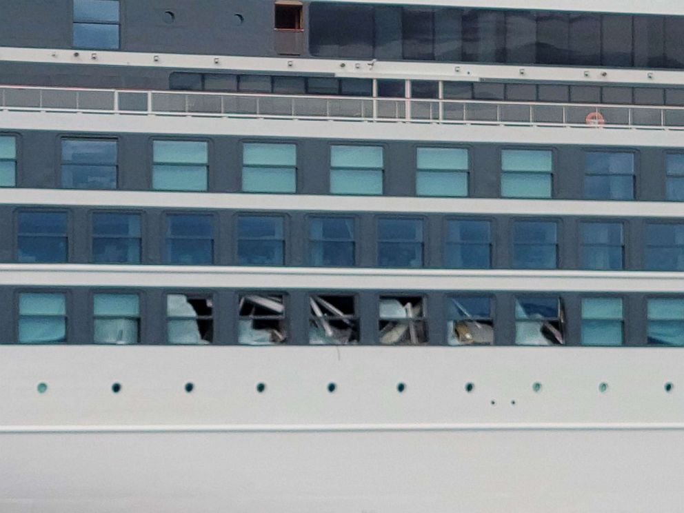 PHOTO: Damaged windows can be seen on the Viking Polaris after it was hit by a rogue wave.
