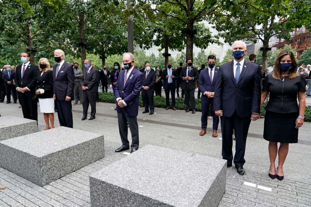 Left to right, New York Gov. Andrew Cuomo, Jill Biden, Democratic presidential candidate and former Vice President Joe Biden, former New York City Mayor Mike Bloomberg, Vice President Mike Pence and his wife Karen Pence on Sept. 11, 2020 in New York City.