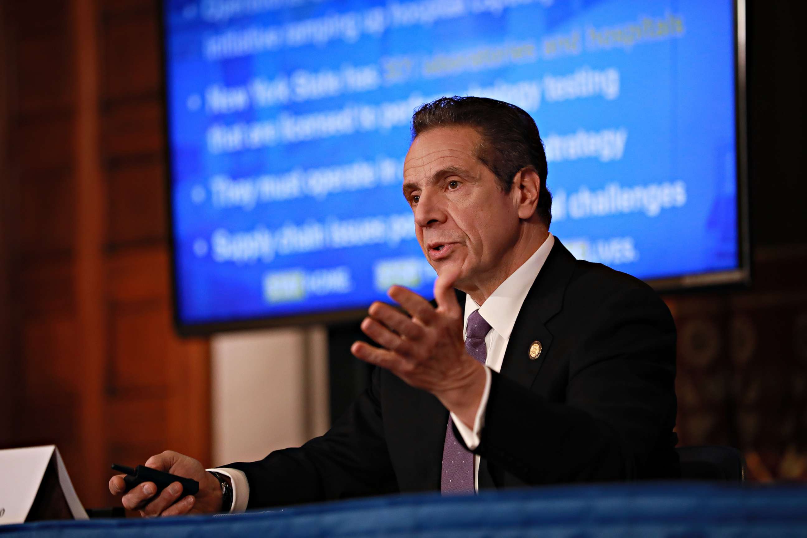 PHOTO: New York Governor Andrew Cuomo gives a press briefing about the coronavirus crisis, on April 17, 2020, in Albany, New York.
