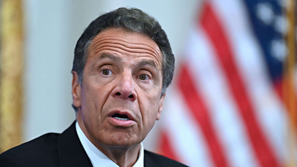 PHOTO: New York Governor Andrew Cuomo speaks during a press conference at the New York Stock Exchange (NYSE) on May 26, 2020 at Wall Street in New York City.