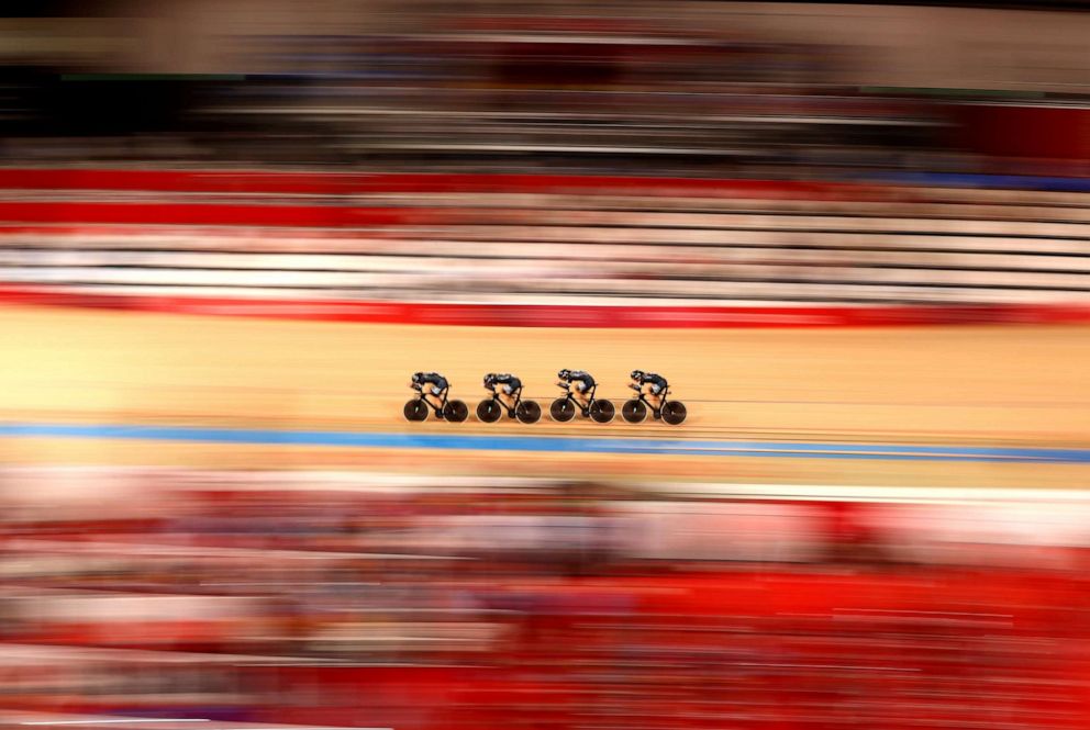 PHOTO: Cyclists from Team New Zealand are seen in action of the men's team pursuit on Aug. 4, 2021 in Shizuoka, Japan.