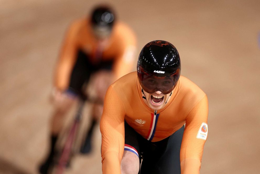 PHOTO: Harrie Lavreysen of the Netherlands celebrates winning gold in the men's sprint on Aug. 6, 2021, in Shizuoka, Japan.