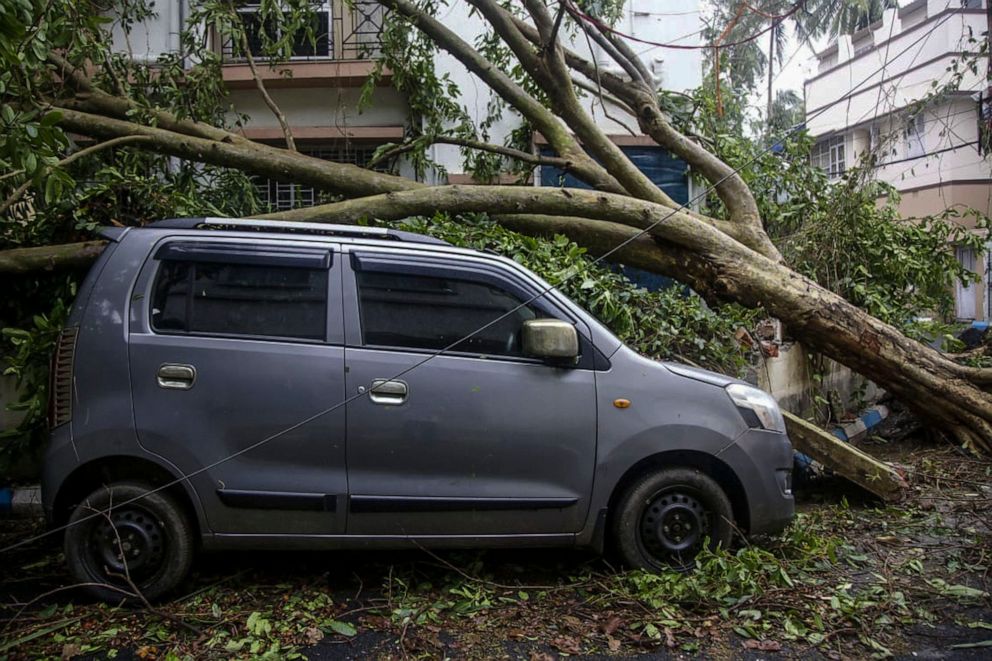 PHOTO: A damaged car after an uprooted tree fell on it after Cyclone Amphan hit the region in Kolkata, India, May 21, 2020.