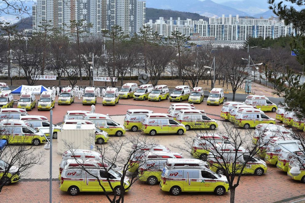 PHOTO: Ambulances are parked to transport patients with mild symptoms of the novel coronavirus in Daegu, South Korea, March 3, 2020.