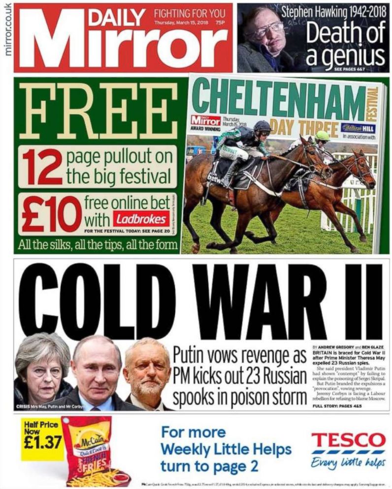 PHOTO: The Daily Mirror's front page in the wake of United Kingdom Prime Minister Theresa May expelling 23 Russian diplomats in response to a Russian spy and his daughter being poisoned on British soil.