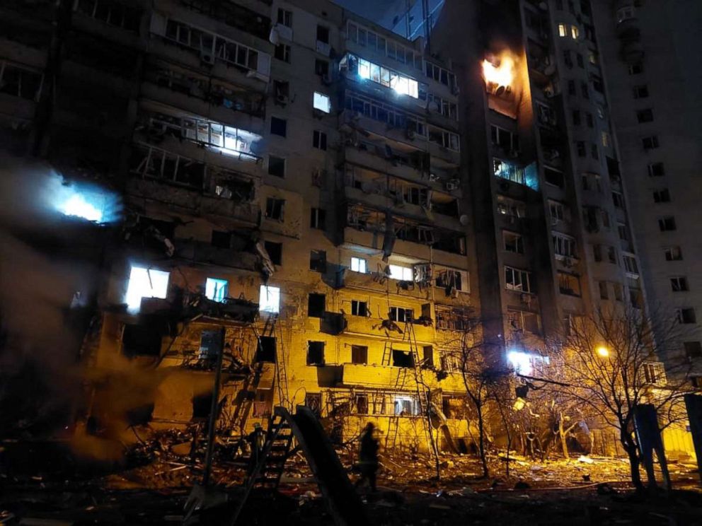 PHOTO: A view of a damaged residential building at Koshytsa Street, a suburb of the Ukrainian capital, Kyiv, early on Feb. 25, 2022, as invading Russian forces pressed deep into Ukraine.