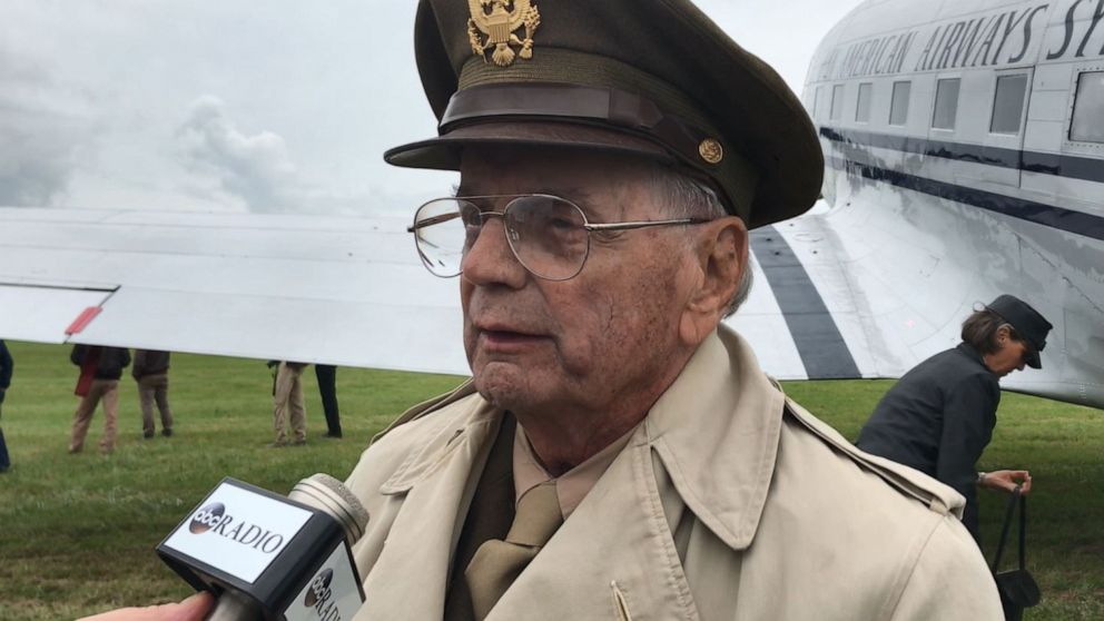PHOTO: U.S. Air Force veteran Dave Hamilton, now in his mid-90s, retraced the flight he took in a Dakota back in June 1944 one day before the 75th anniversary of D-Day in Normandy, France, on Wednesday, June 5, 2019.