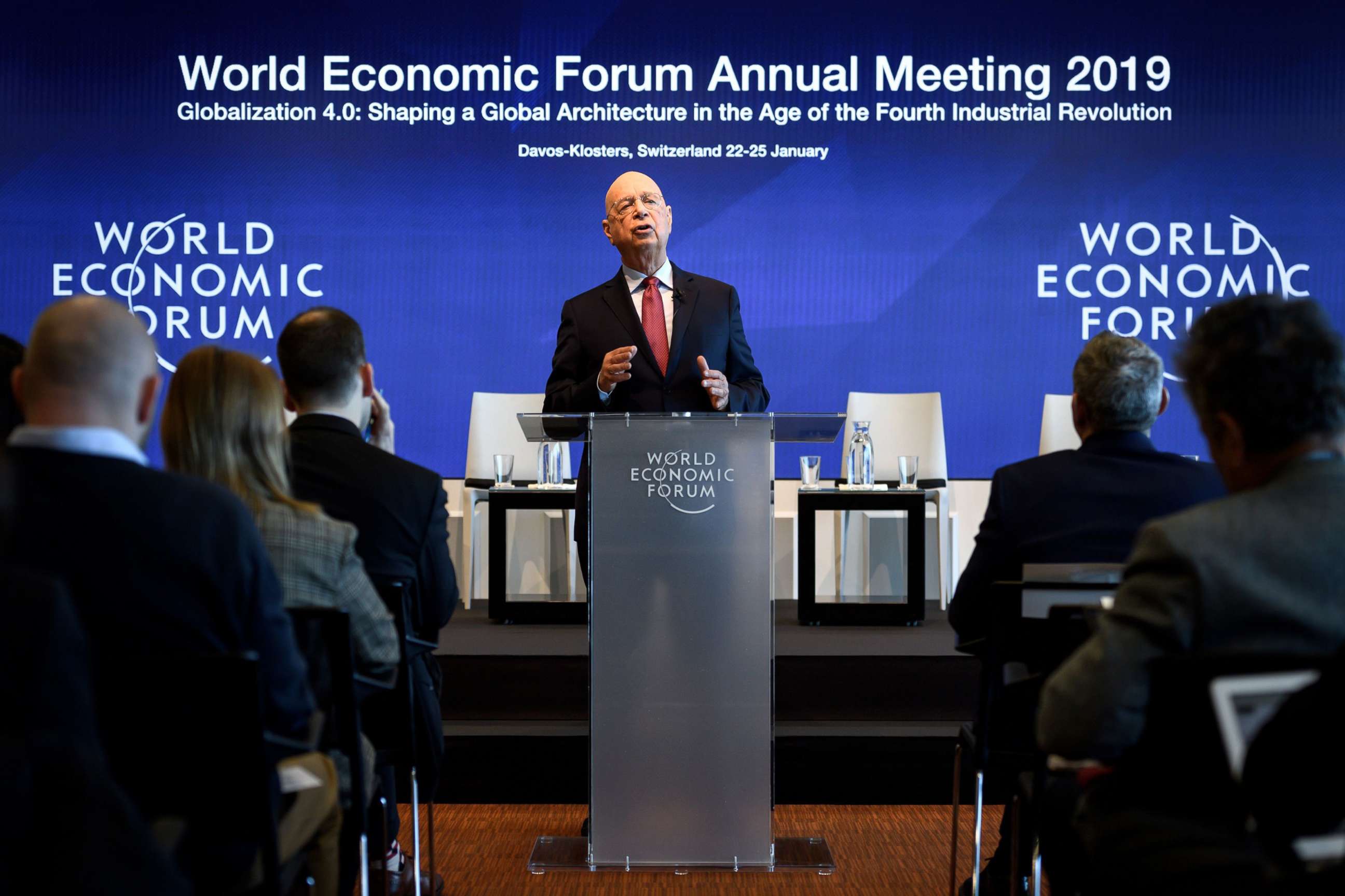 PHOTO: Founder and Executive Chairman of the World Economic Forum Klaus Schwab attends a press conference ahead of the 2019 edition of the annual meeting, Jan. 15, 2019 in Geneva.