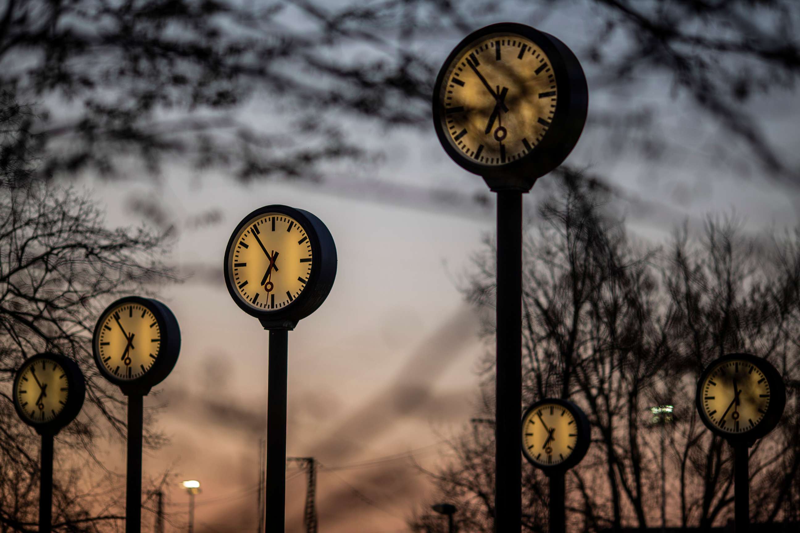 PHOTO: The "Zeitfeld" (Time Field) clock installation by Klaus Rinke is seen at the entrance of the Suedpark on March 29, 2019, in Dusseldorf Germany.
