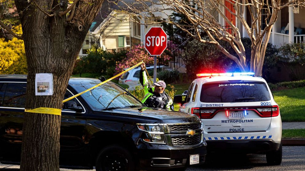 PHOTO: A Metropolitan Police officer controls traffic on the street near the Peruvian Embassy in the tony Chevy Chase neighborhood, April 20, 2022, in Washington, D.C. 