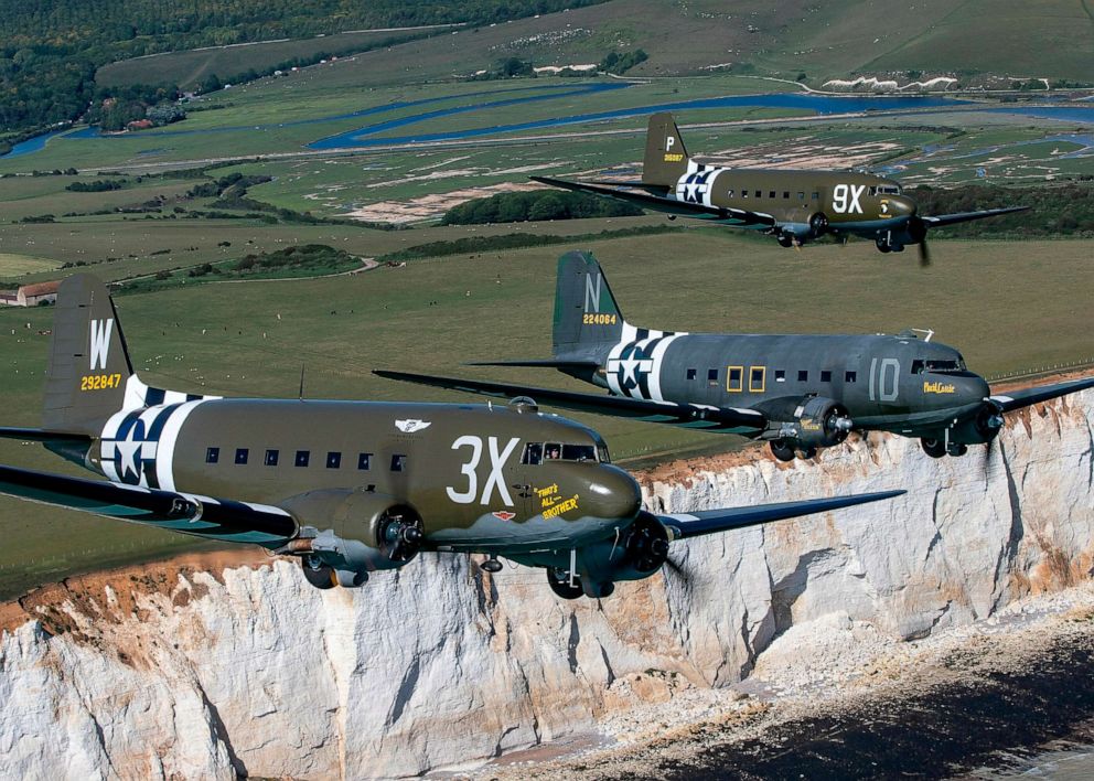 PHOTO: Daks fly over Normandy during event preparation at Beachy Head in southern England.