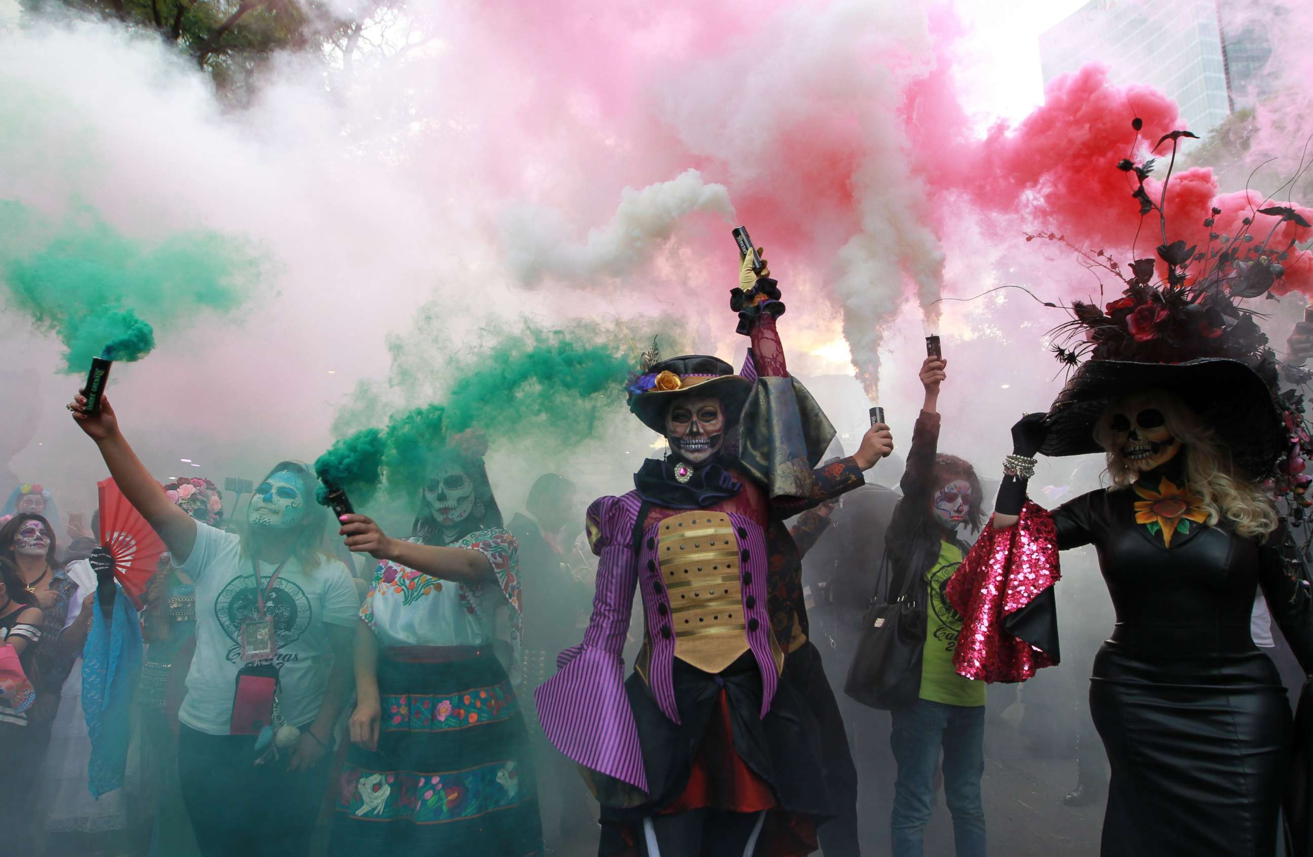 PHOTO: People participate in the the parade of "Catrinas," in Mexico City, Oct. 22,  2017.
