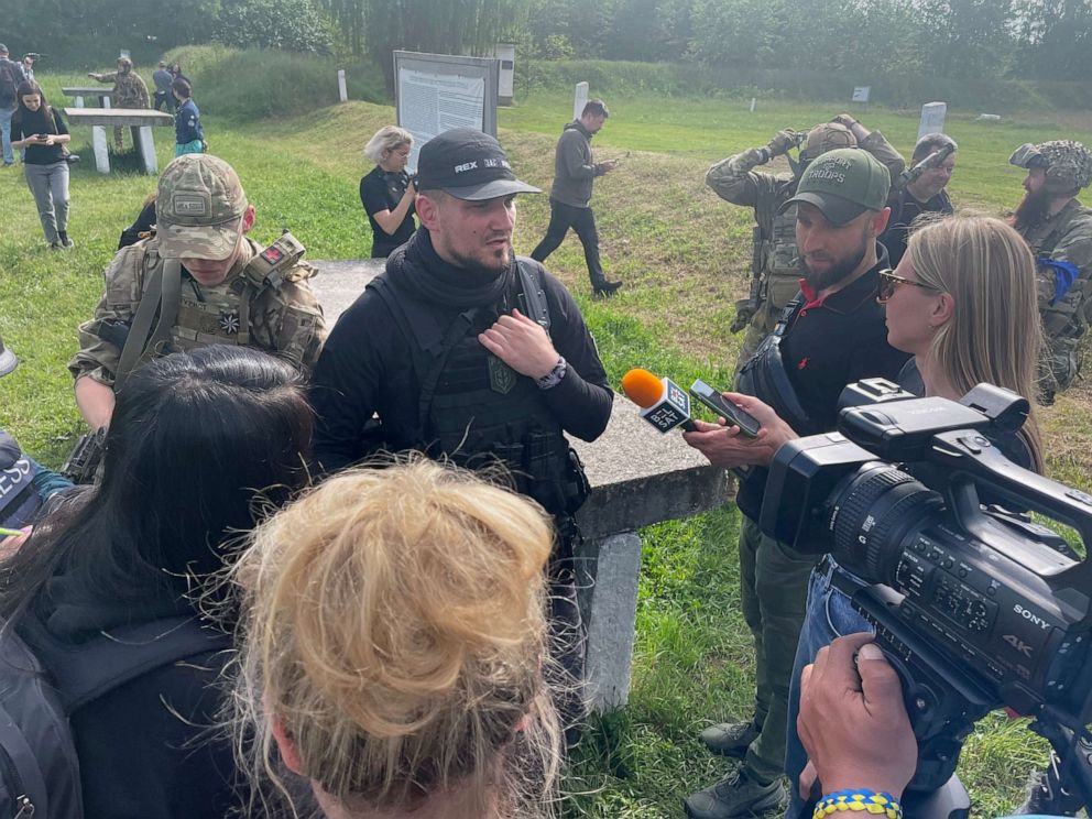 PHOTO: Denis Kapustin, founder of the paramilitary group that calls themselves the Russian Volunteer Corps, meets with members of the press in northern Ukraine near the Russian border, May 24, 2023.