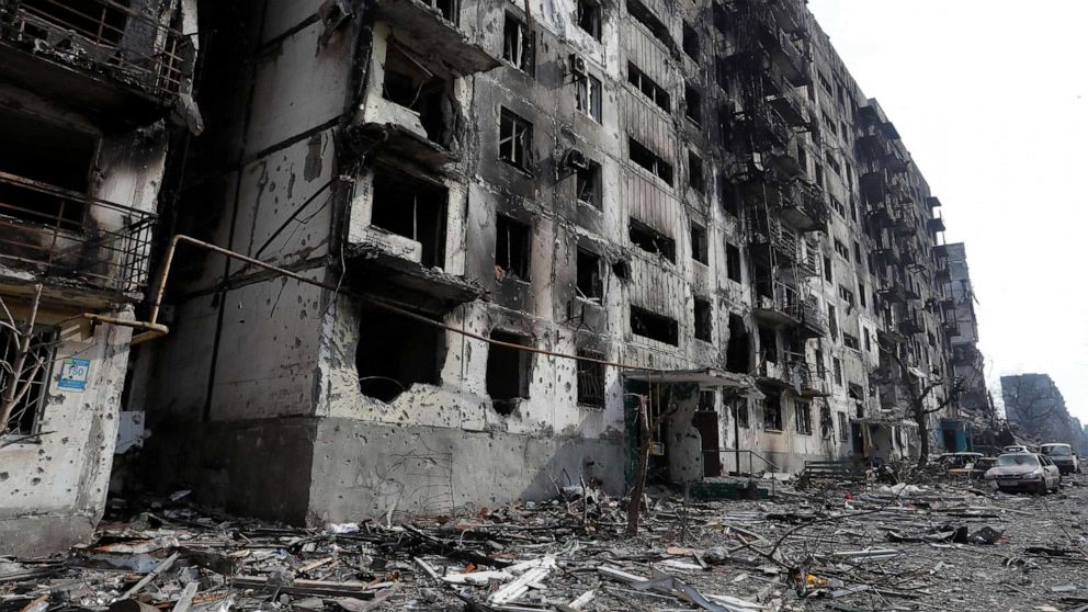 PHOTO: Destroyed apartment buildings are seen in the besieged southern port city of Mariupol, Ukraine, on March 30, 2022, amid Russia's invasion of Ukraine.