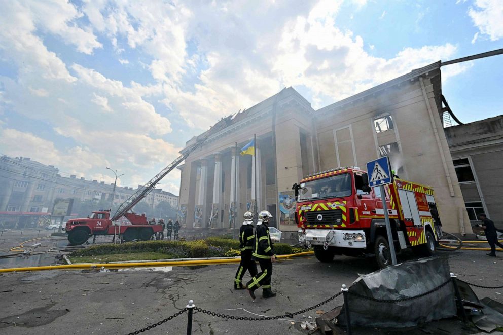 PHOTO: Firefighters extinguishes fire following a Russian airstrike in the city of Vinnytsia, Ukraine, July 14, 2022.