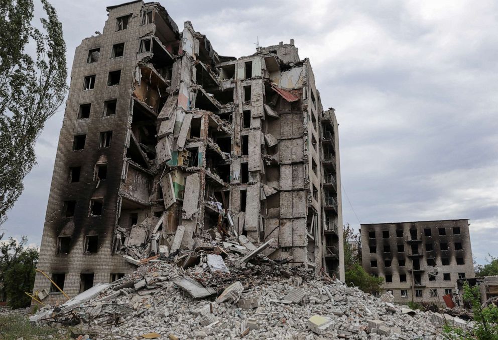 PHOTO: A view shows apartment buildings damaged during Ukraine-Russia conflict in the town of Popasna in the Luhansk region, Ukraine, July 14, 2022.