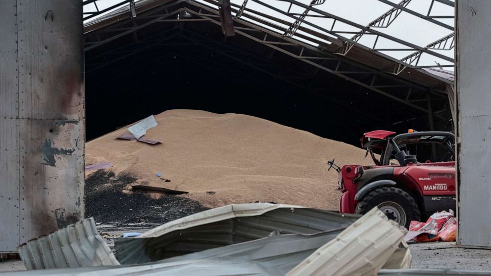 PHOTO: Seeds are seen in a destroyed grain silo, after it was shelled repeatedly amid Russia's invasion of Ukraine, in Donetsk Oblast, eastern Ukraine, on May 31, 2022.