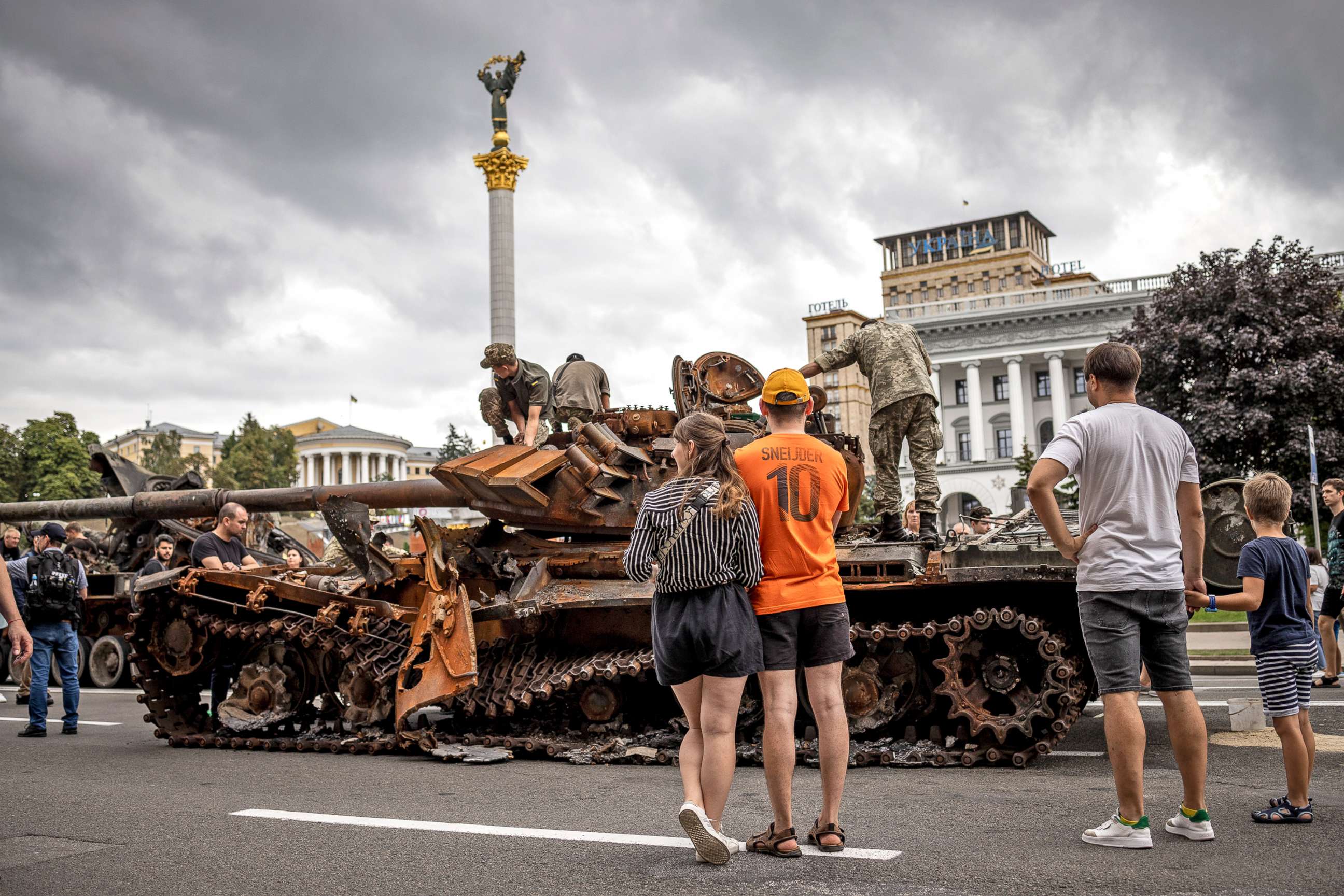 PHOTO: Damaged and destroyed Russian vehicles are on display in Maidan Square in central Kyiv, Ukraine, on Aug. 20, 2022. The tanks arrived on the backs of Ukrainian flatbed trucks, collected from the battlefields and put on display in a show of defiance.
