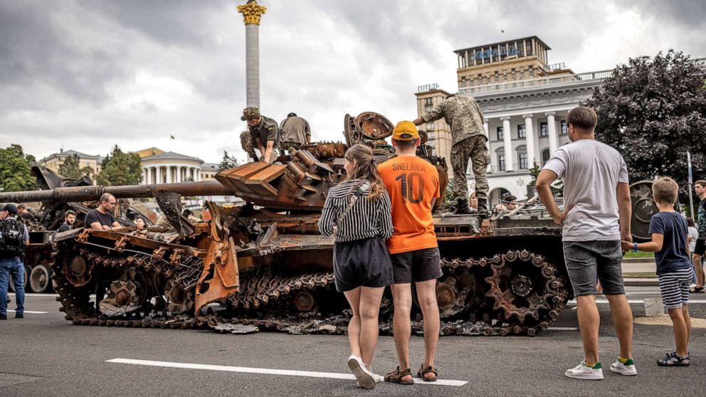 PHOTO: Damaged and destroyed Russian vehicles are on display in Maidan Square in central Kyiv, Ukraine, on Aug. 20, 2022. The tanks arrived on the backs of Ukrainian flatbed trucks, collected from the battlefields and put on display in a show of defiance.
