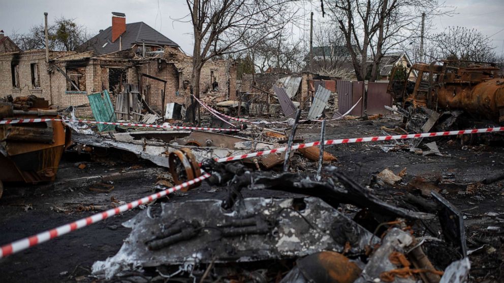 PHOTO: Destroyed Russian military vehicles are seen on a street in Bucha, Ukraine, on April 4, 2022.