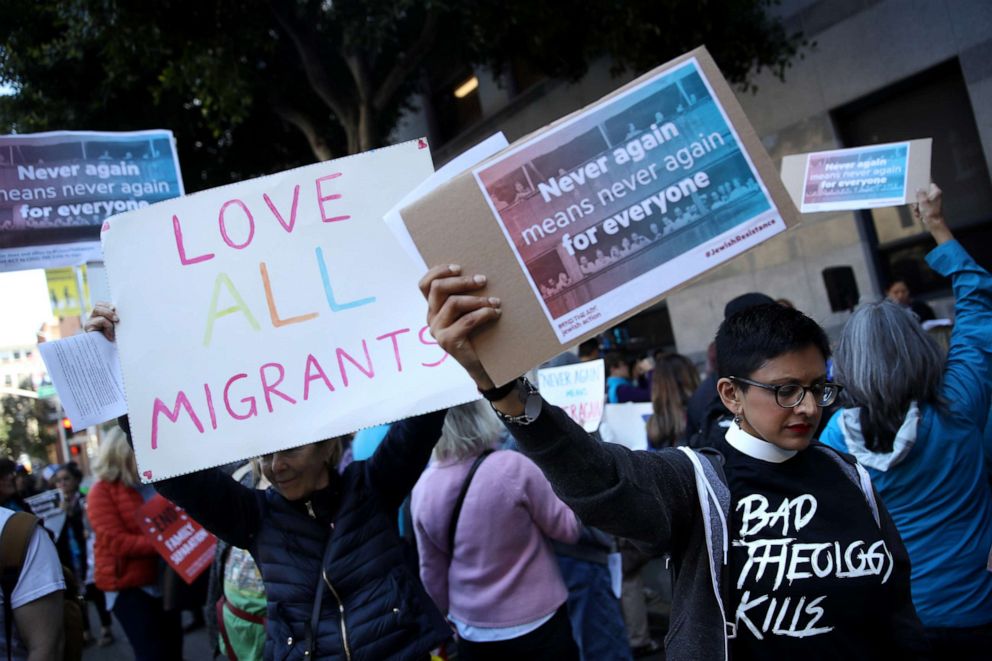 PHOTO: Protesters holds signs during a demonstration outside of the San Francisco office of the Immigration and Customs Enforcement, July 12, 2019, in San Francisco.