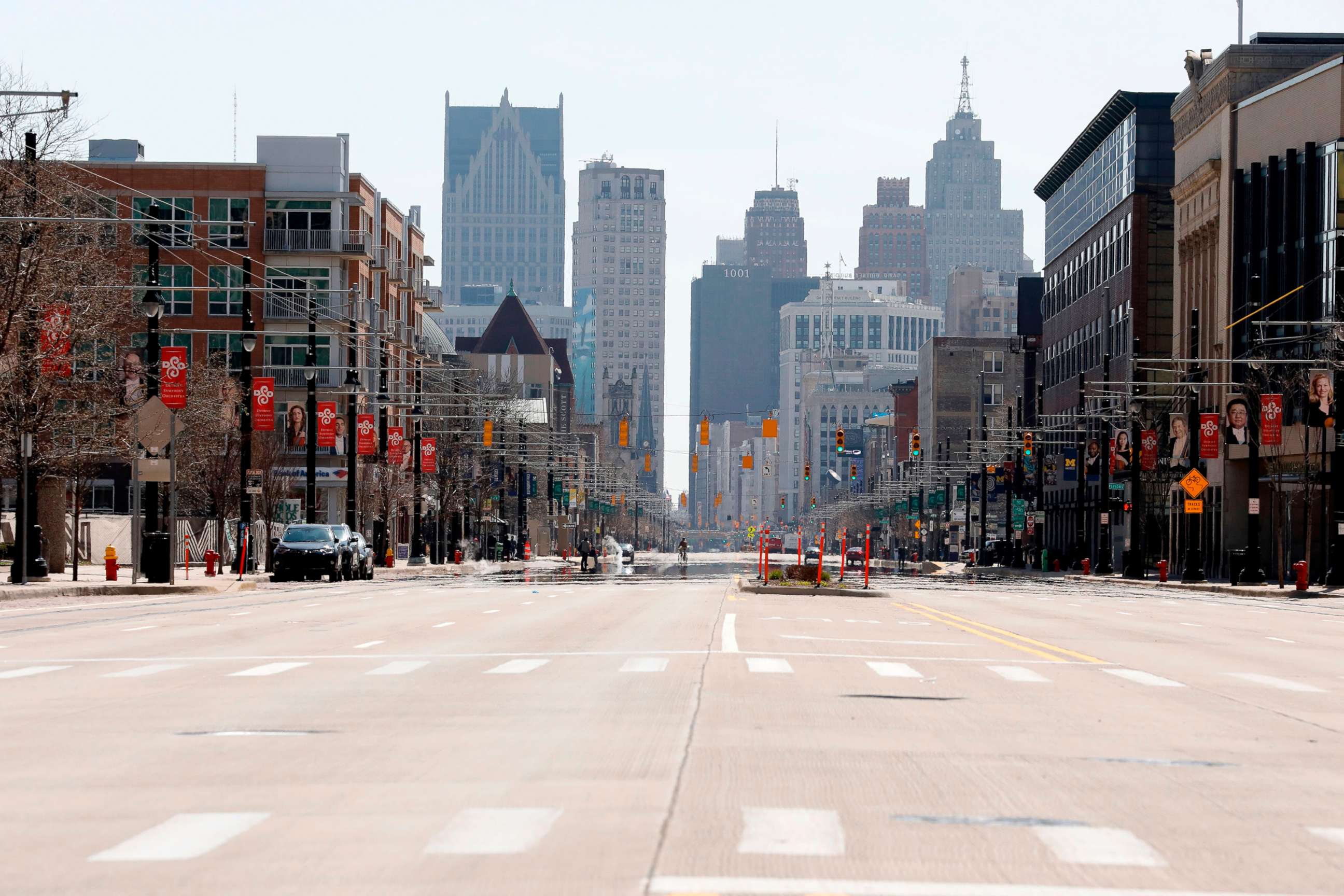 PHOTO: Woodward Avenue in downtown Detroit is desolate and quiet in the middle of the day, April 6, 2020.