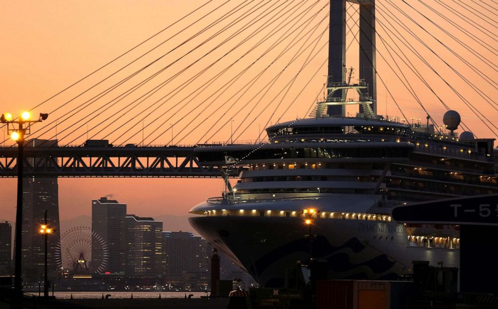 This photo taken on Feb. 24, 2020, shows the quarantined Diamond Princess cruise ship at Daikoku Pier Cruise Terminal in Yokohama, Japan. Despite a quarantine imposed on the Diamond Princess, hundreds of people on board have tested positive for the novel coronavirus.Kazuhiro Nogi/AFP via Getty Images