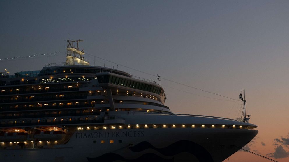  The Diamond Princess cruise ship sits docked at Daikoku Pier in the Japanese port of Yokohama where it remains in quarantine after a number of people on board were diagnosed with the novel coronavirus, Feb. 10, 2020. The Diamond Princess cruise ship sits docked at Daikoku Pier in the Japanese port of Yokohama where it remains in quarantine after a number of people on board were diagnosed with the novel coronavirus, Feb. 10, 2020.Carl Court/Getty Images