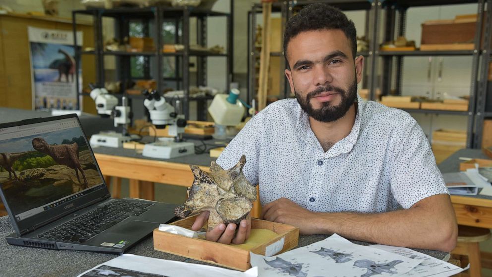 PHOTO: Belal Salem, a member of the Mansoura University Vertebrate Paleontology Center, holds up a vertebra of a dinosaur that lived 98 million years ago.