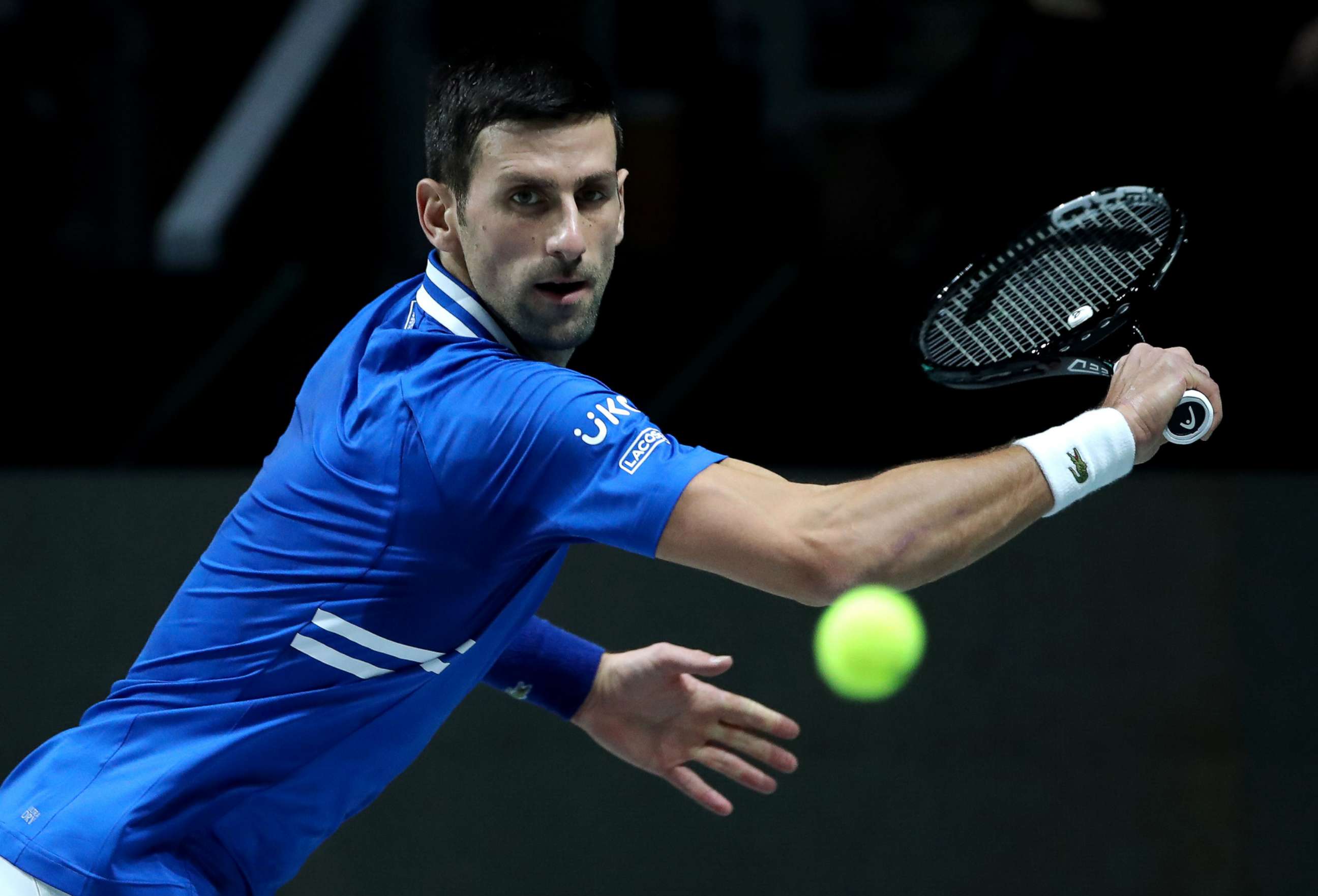 PHOTO: Novak Djokovic plays during the Davis Cup Semi Final match at Madrid Arena, Dec. 3, 2021, in Madrid.