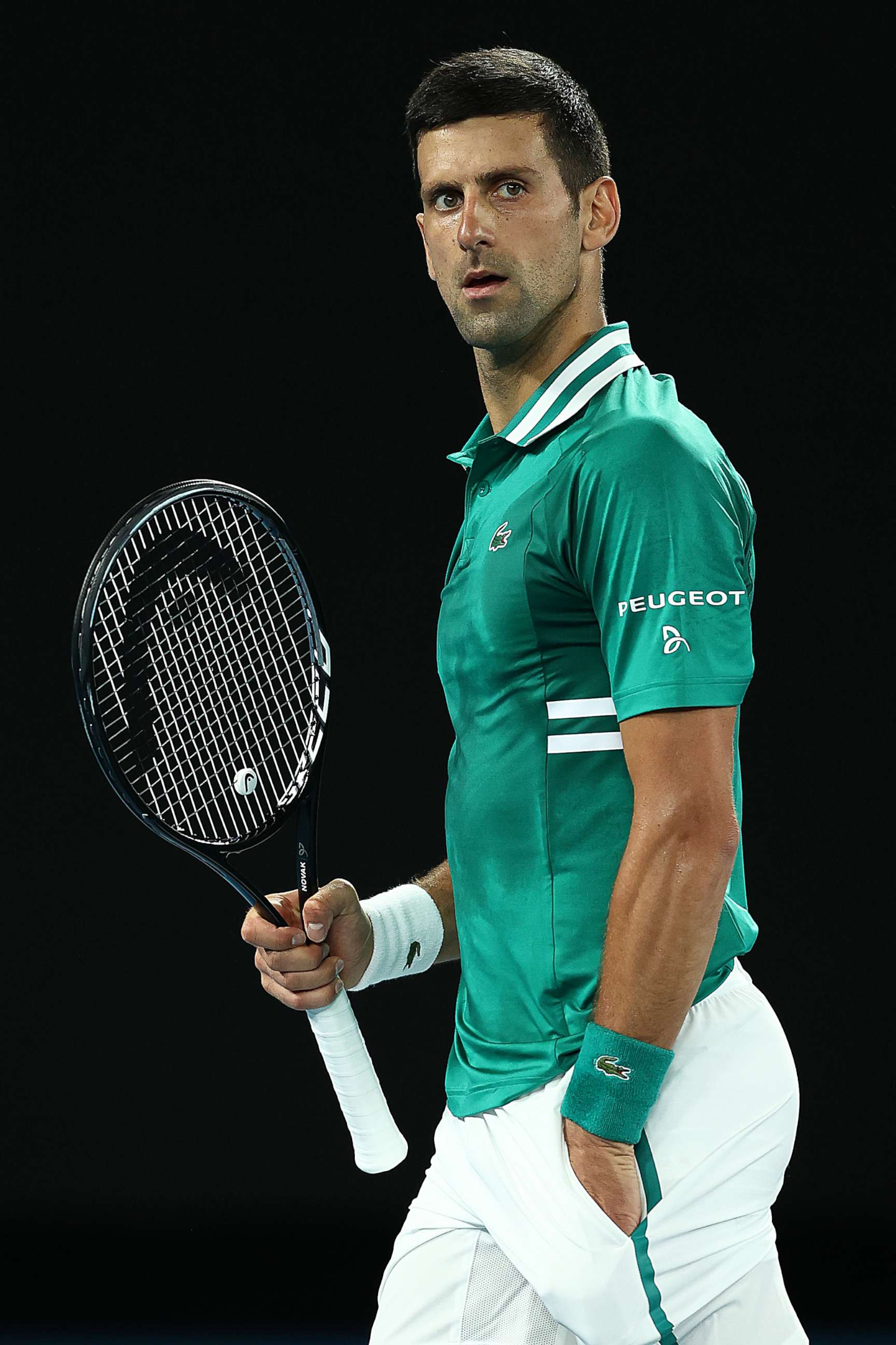 PHOTO: Novak Djokovic of Serbia celebrates after winning a point in his Men's Singles Quarterfinals match against Alexander Zverev of Germany during the 2021 Australian Open at Melbourne Park on Feb. 16, 2021, in Melbourne, Australia.