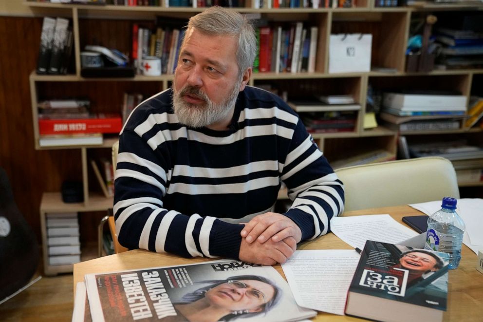 PHOTO: Dmitry Muratov, editor-in-chief of Russia's main opposition newspaper Novaya Gazeta, speaks during an interview with The Associated Press in Moscow on Oct. 7, 2021. 