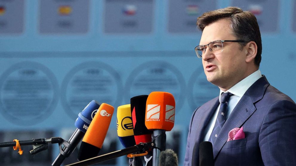 PHOTO: Ukraine's Foreign Minister Dmytro Kuleba speaks to the press with NATO Secretary General as they arrive for a meeting of NATO foreign ministers at NATO headquarters, in Brussels, on April 7, 2022.