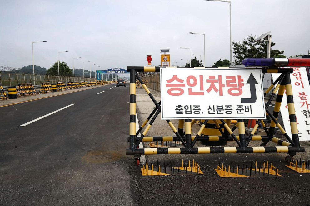 PHOTO: Barricades are placed near the Unification Bridge, which leads to the Panmunjom in the Demilitarized Zone on July 19, 2023 in Paju, South Korea.