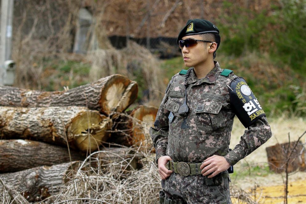 PHOTO: Military stand guard at their check area at Taesung Freedom village in the Demilitarized Zone, South Korea.