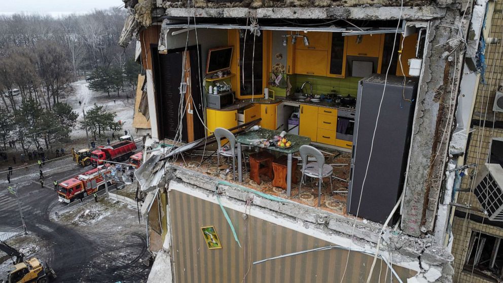 PHOTO: A destroyed kitchen is visible inside an apartment block heavily damaged by a Jan. 14 Russian missile strike, in Dnipro, Ukraine, on Jan. 15, 2023.